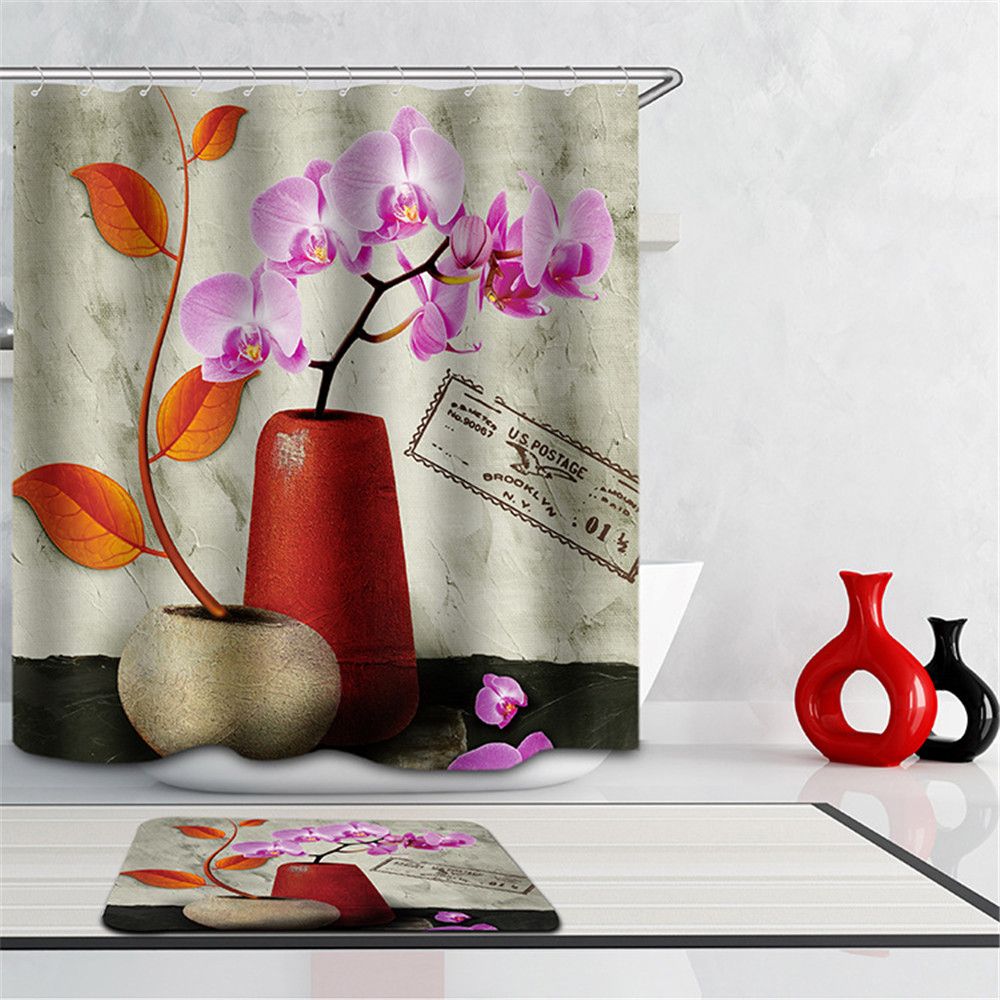 70/" Floral Art Painting Peony Bathroom Waterproof Fabric Shower Curtain /& Hooks