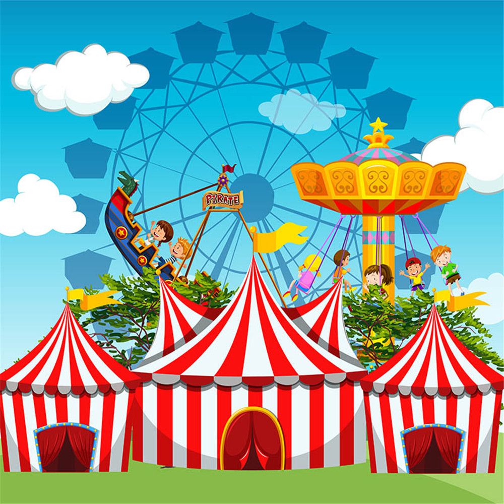 Cartoon Amusement Park Circus Photography Background for Children Printed  Blue Sky Clouds Baby Kids Birthday Party Photo Booth Backdrop