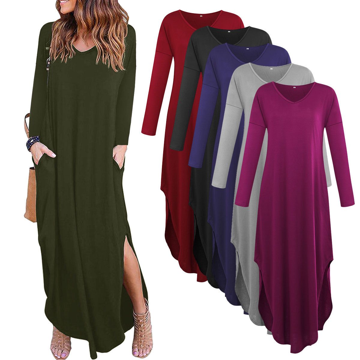 Women Asymmetrical Maxi Dress V Neck Long Sleeve Summer Split Casual