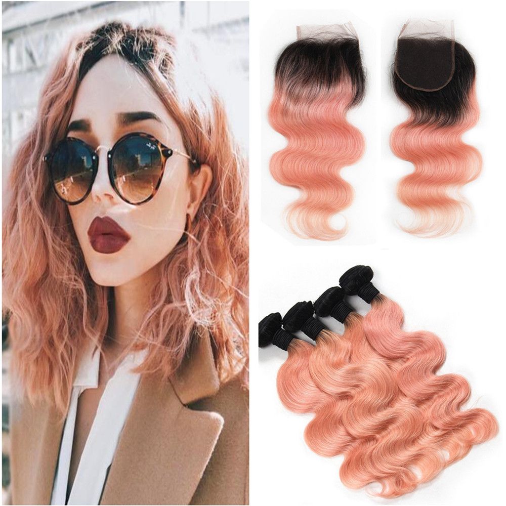 2020 Rose Gold Ombre Hair With 4 4 Lace Closure Brazilian Virgin