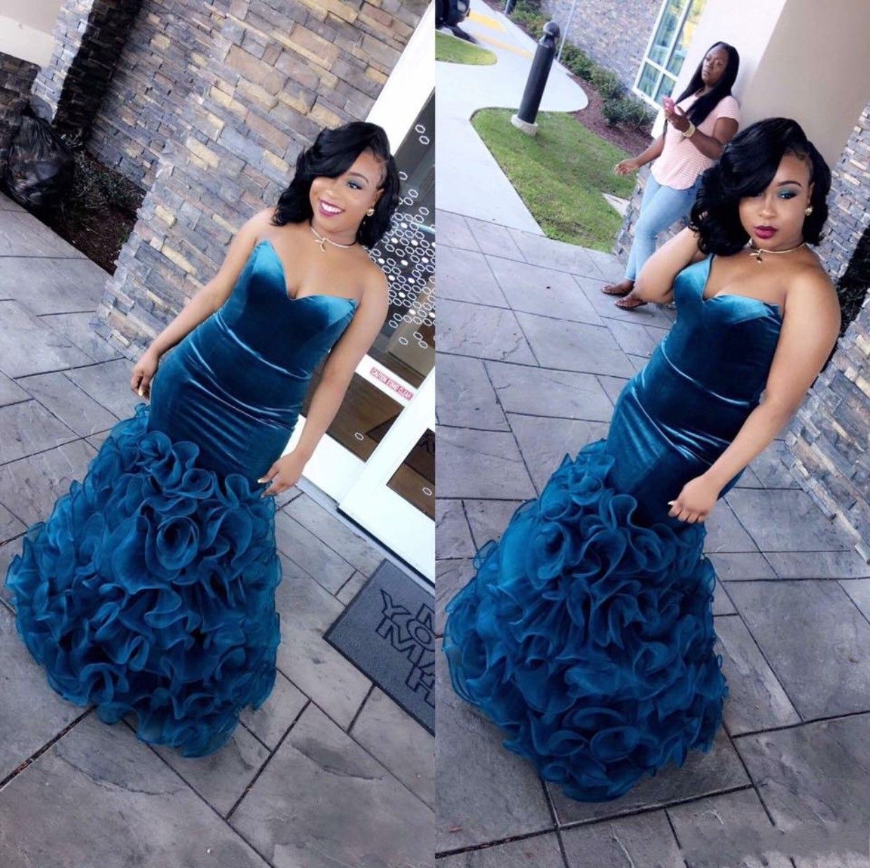 Blue Mermaid Velvet Vestidos de largos 2018 Sweetheart Ruches Organza Black Vestidos para niñas Vestidos