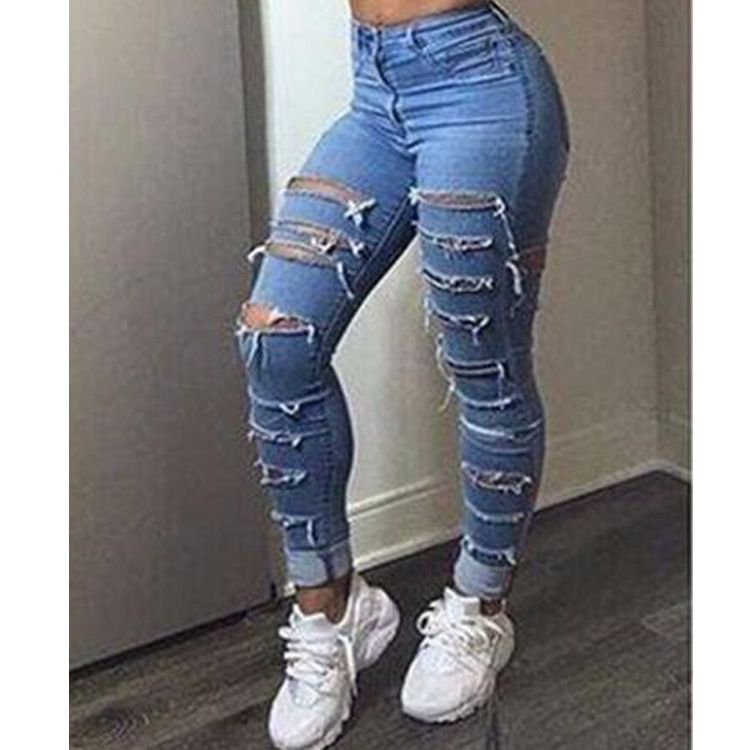 Women Lady Stretchy Ripped Pants Slim Fit Skinny Jeggings Leggings Trousers CHK