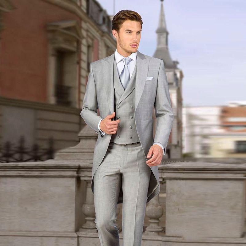 Grey Tailcoat Groom Best Man Tuxedos Formal Wedding Morning Suit Men's Long Coat