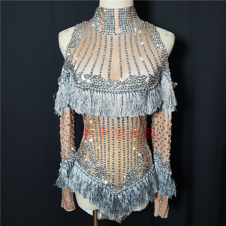 Luxury Sparkly Crystals Tassel Bodysuit Costume Celebrate Rhinestones Birthday
