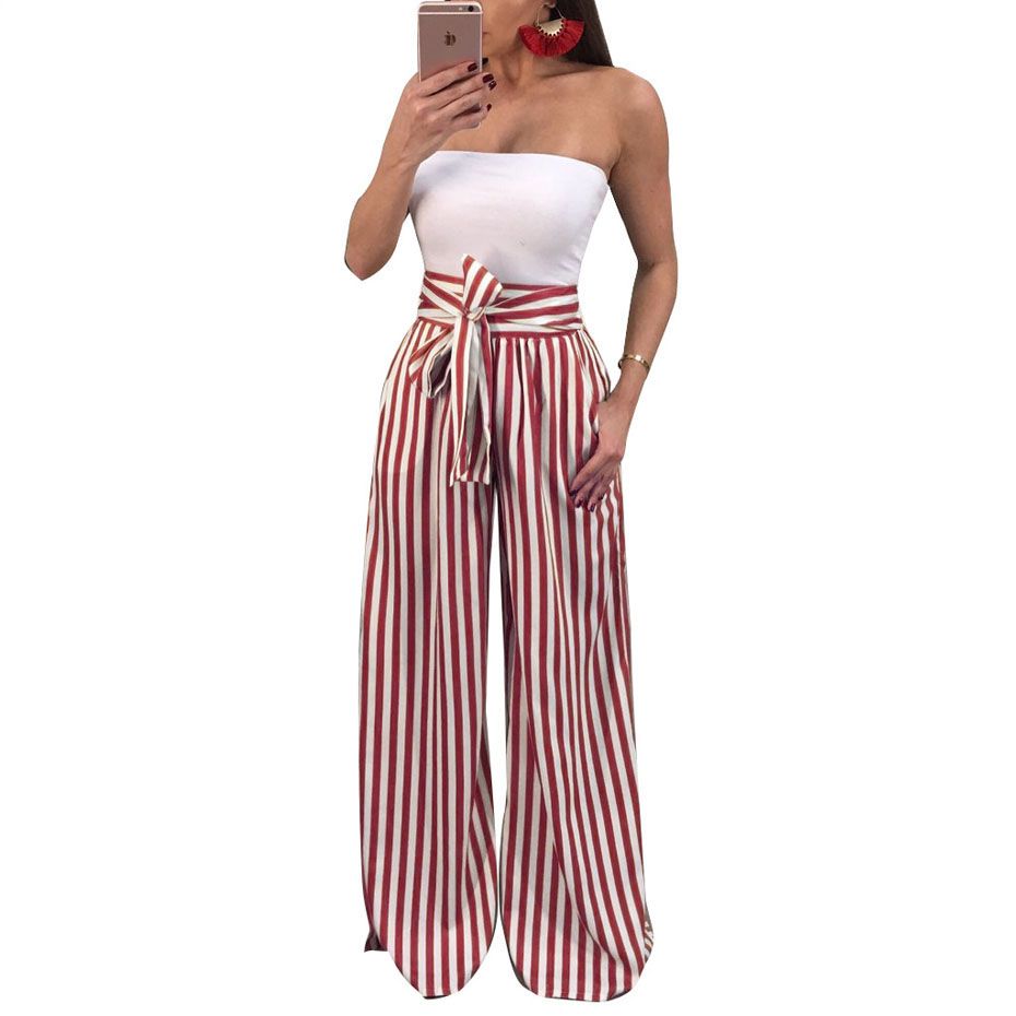 2020 Women Sexy Striped Wide Leg Pants Streetwear Drawstring High