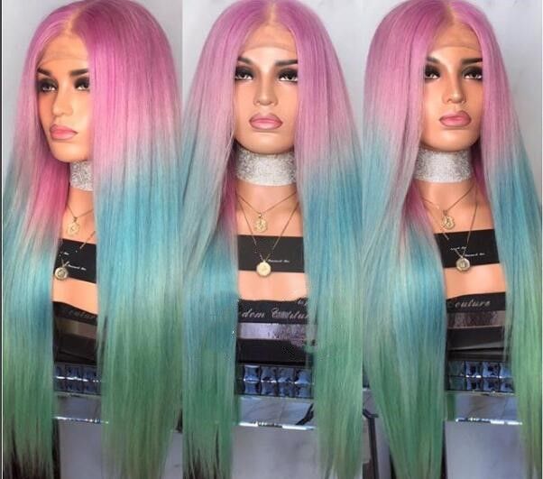 Long Silk Straight Mermaid Rainbow Color Lace Lace Front Wig