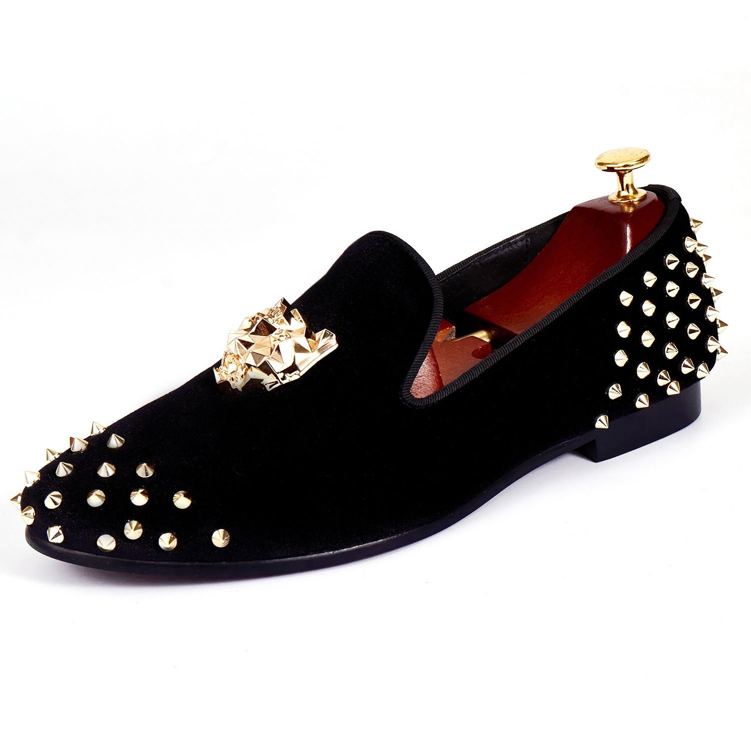 Harpelunde Flat Shoes Rivets Black Men Velvet Loafers Animal Buckle ...