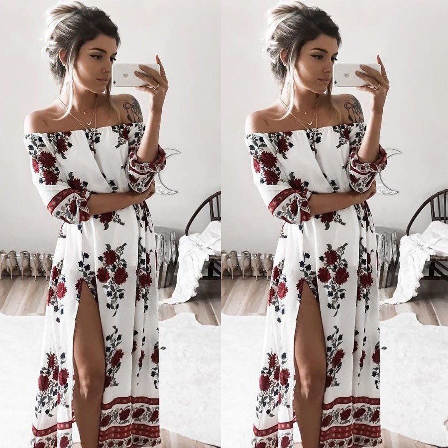 Compre Mulheres Verão Vintage Boho Vestidos Florais Sexy Barra Pescoço Dividir Longo Partido À Noite Vestido De Praia Floral Vestido De Verão Roupas Femininas D1891306 De Yizhan05, $96,16 | Pt.Dhgate.Com