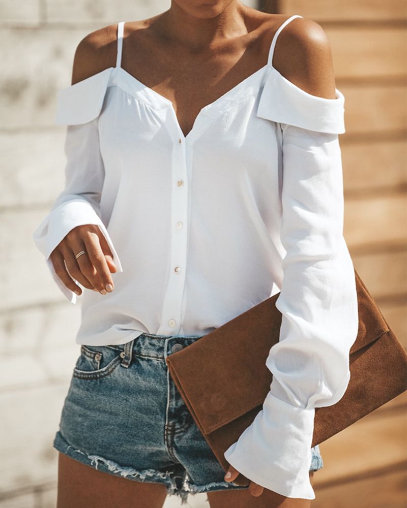 off shoulder white button up shirt
