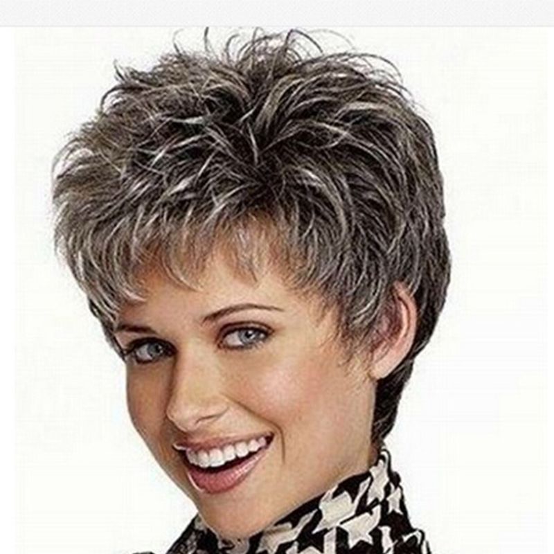 picture color hot sale hair Curly products Beautiful boy cut Short pixie wigs for women style Synthetic Gray hair wig with bangs picture color hot sale hair Curly products Beautiful boy cut Short pixie wigs for women style Synthetic Gray hair wig with bangs