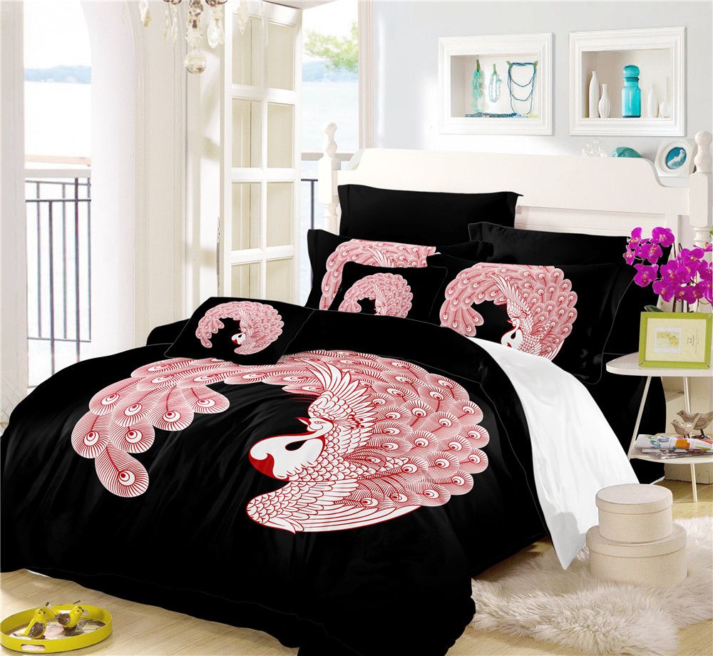 Pink Red Peacock Bedding Set Sweet Animal Design Duvet Cover Set