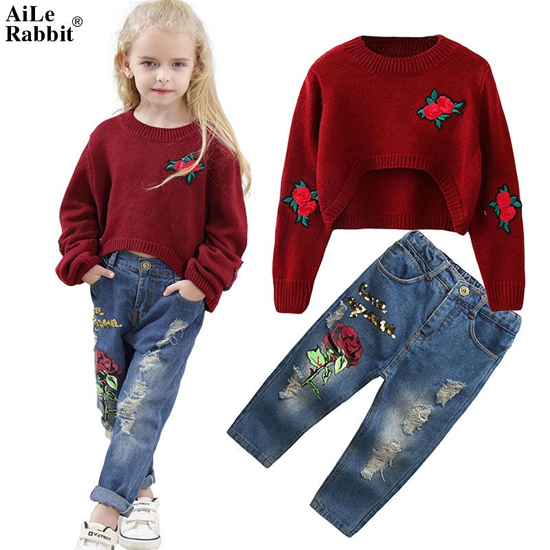 Grosshandel New Ins Madchen Klage Rose Pullover Jeans Set Art Und Weise Locher Sequin Blume Hosen Mit Langen Armeln Kinderkleidung Von Ailerabbit 14 57 Auf De Dhgate Com Dhgate