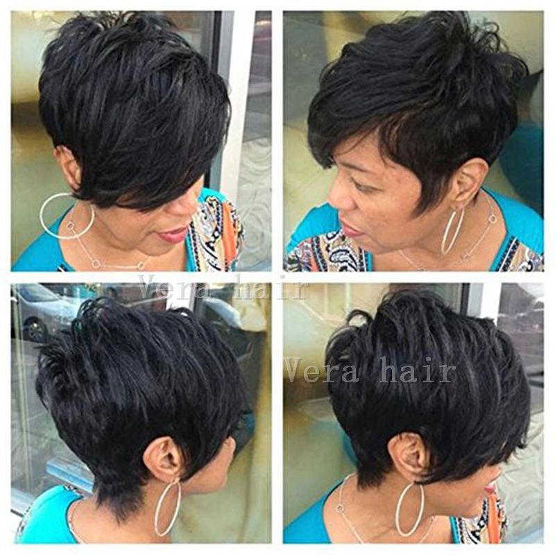 Pixie Cut Natural Black None Lace Human Hair Wigs Women Natural