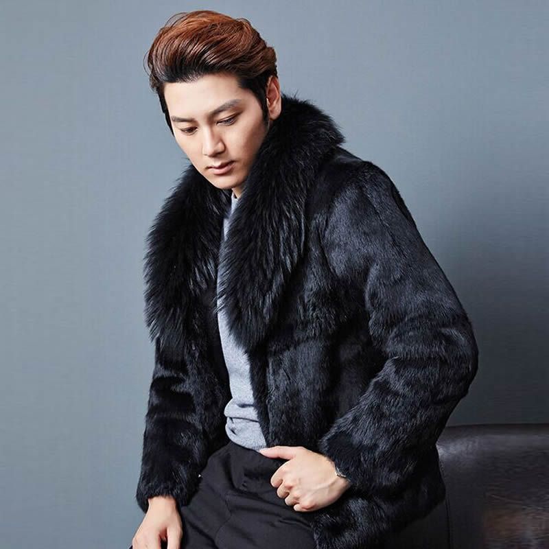 Men/'s Winter Faux Mink Fur Collar Overcoat Jacket Coat Warm Long Sleeve Casual