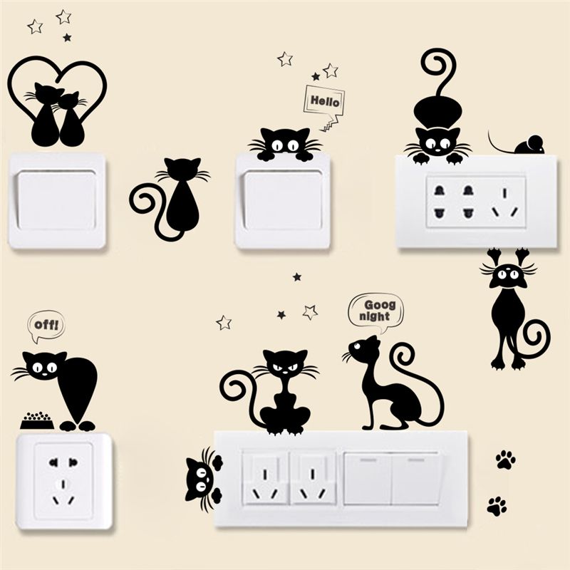 Lovely cat light switch wall stickers for kids rooms Diy home decoration cartoon 