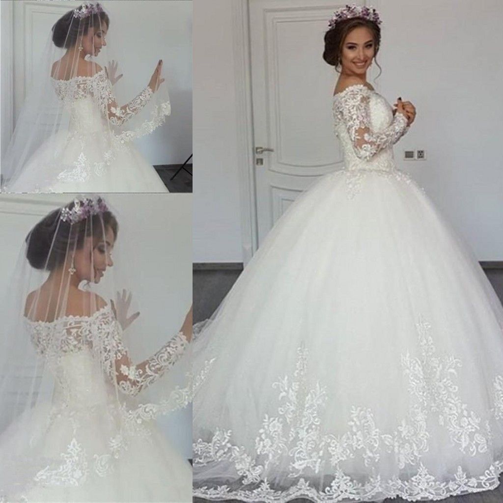 Discount Luxury Lace Ball Gown Wedding Dresses Off Shoulder Long Sleeve ...
