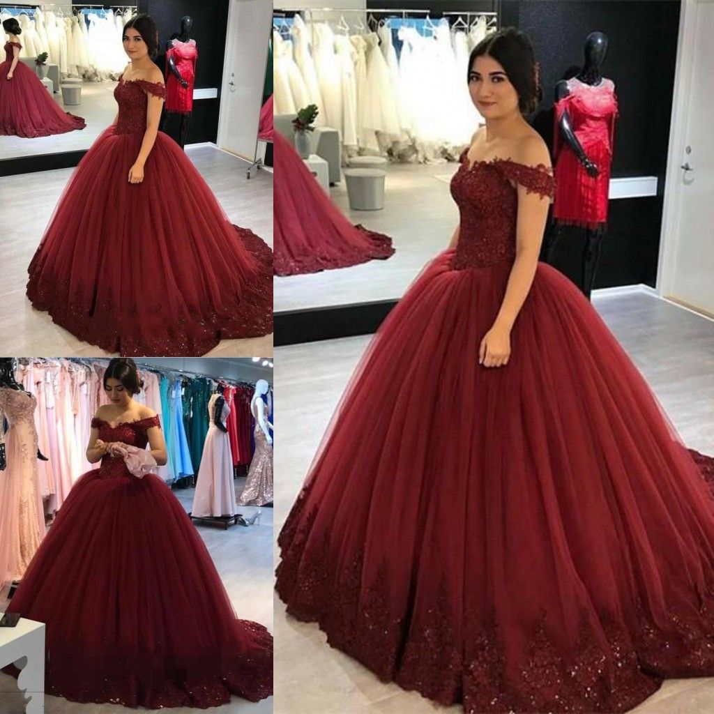 quinceanera dresses burgundy off the shoulder