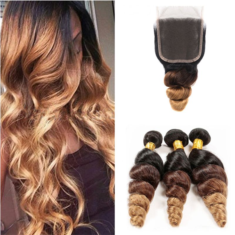 Ombre 1b 4 27 Brown Blonde Hair Weaves With Closure Loose Wave