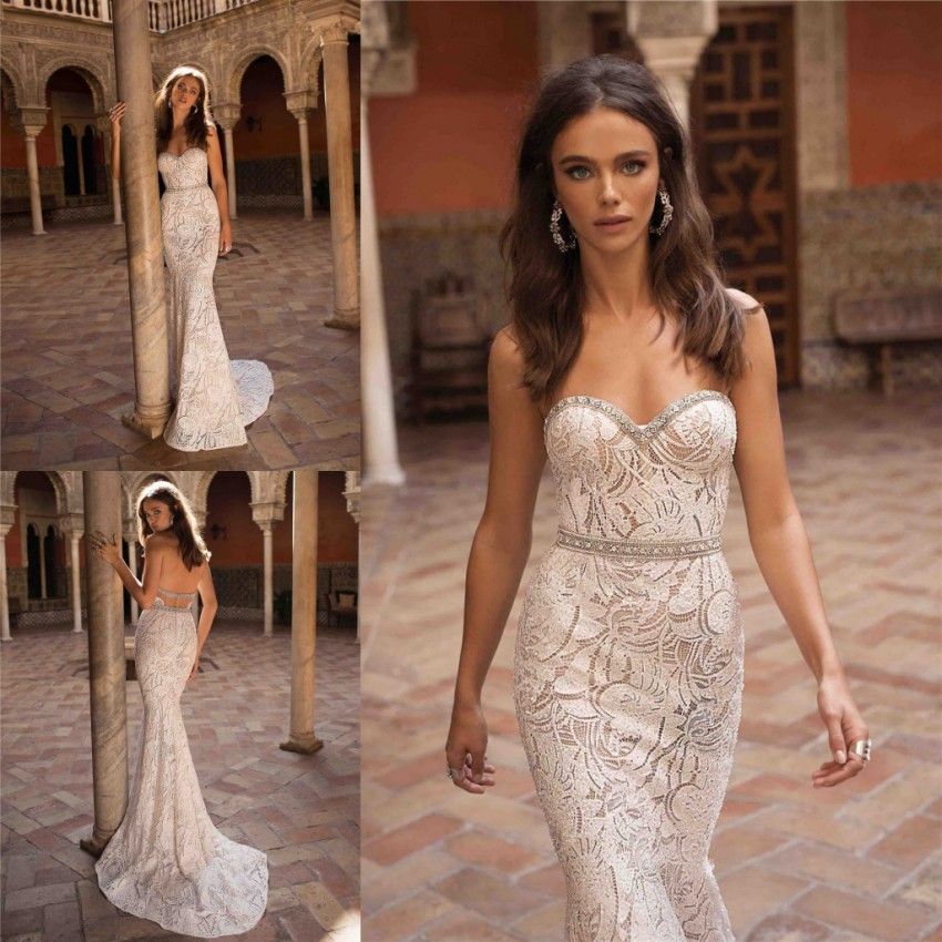 Acheter Berta 2019 Dentelle Robes De Mariée Sirène Sexy Dos Nu Chérie Perlée Ceinture Longue Robes De Mariée De Haute Qualité De 26272 Du Babyonline