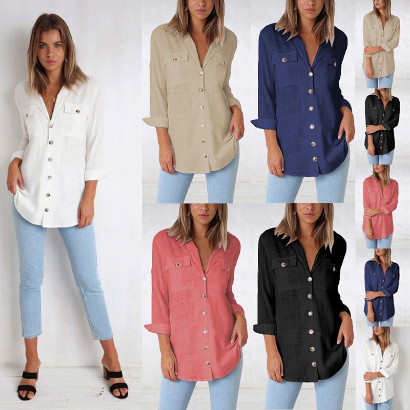 Compre Camisa Casual Mujer Blusa Blanca De Manga Larga Con Bolsillos Botones De Moda Blusas Sueltas Office Lady Blusas A 10 82 Del Crazyshoppingstreet Dhgate Com