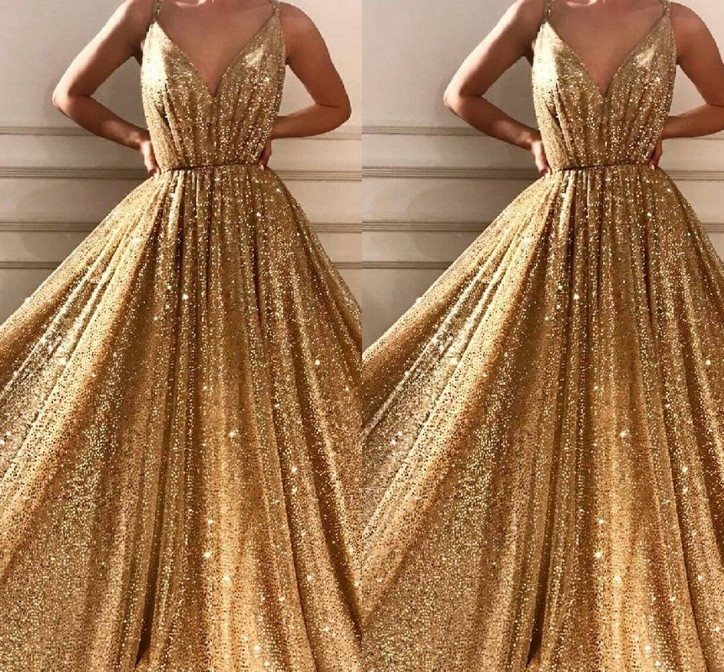 Lentejuelas doradas de noche formales Elegante 2019 Espaguetis Cuello en V Sin respaldo Vestido