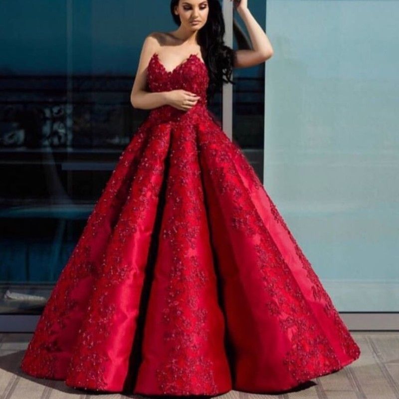 Simple V Neck Red Ball Gown Prom 