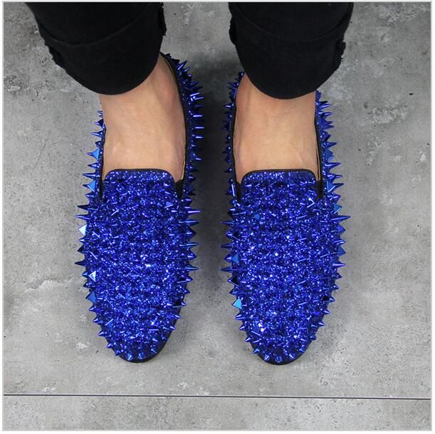 blue spiked loafers