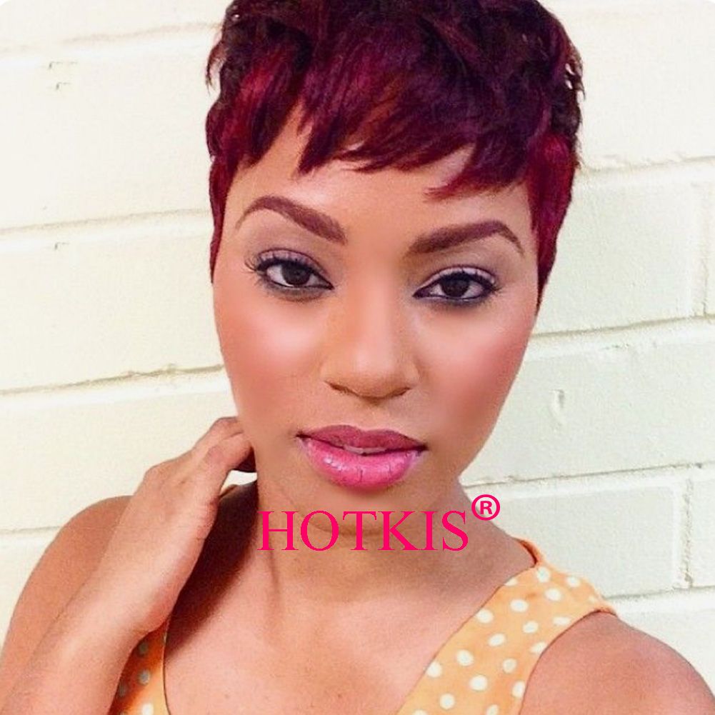 Hotkis Red Hair Wig Human Hair Short Pixie Wigs Short Red Straight