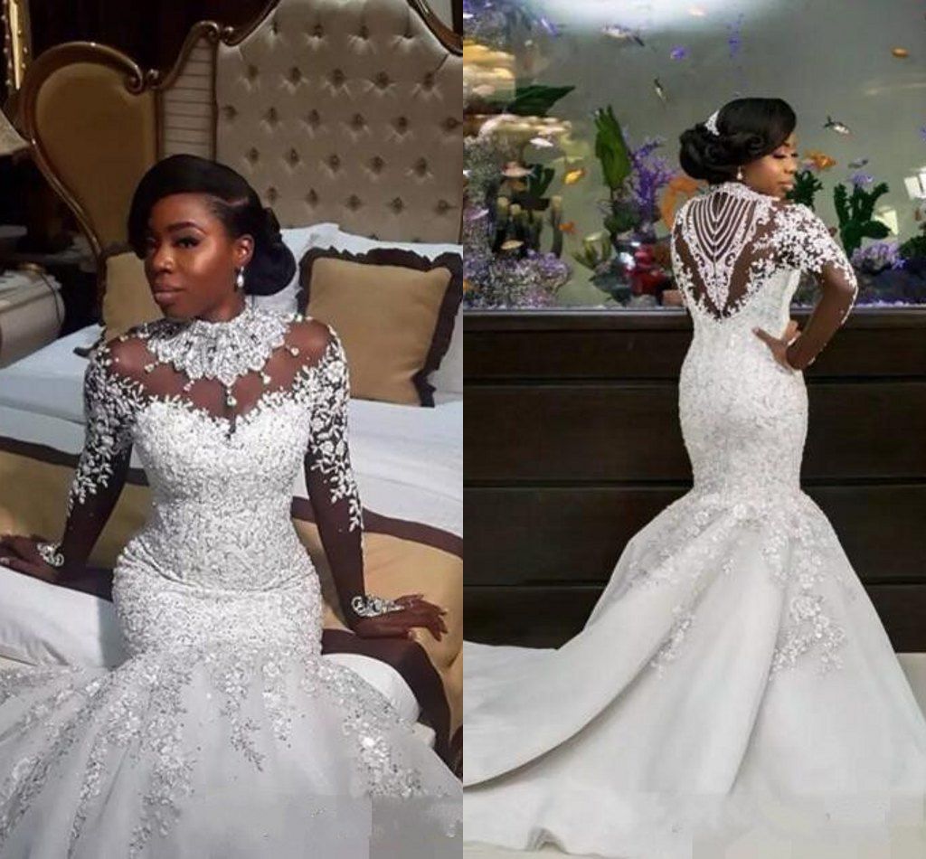 2018 sirena vestidos novia africanos de alto ilusión mangas largas apliques de encaje con