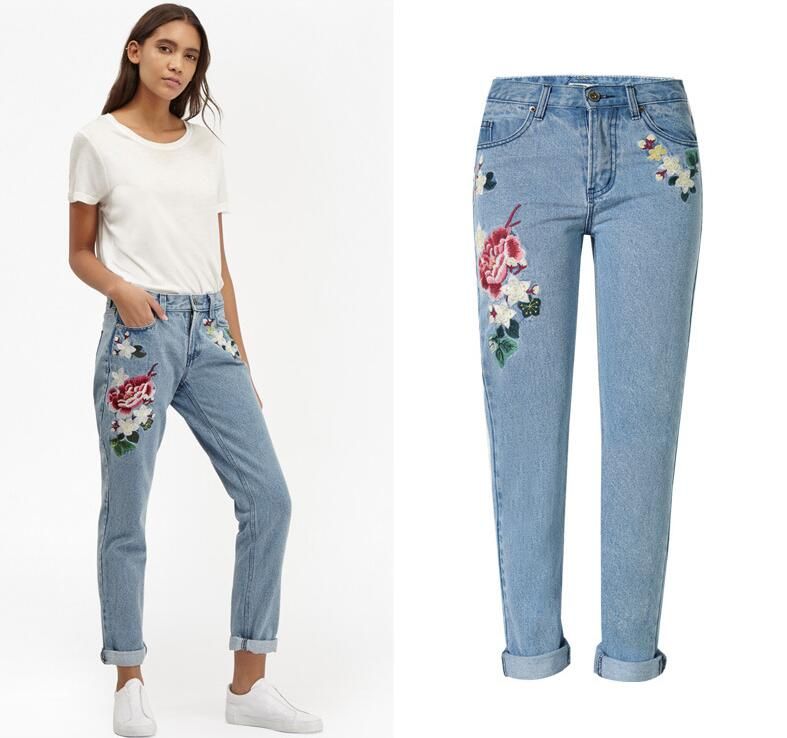 Plus Size Womens Straight Leg Jeans Floral Embroidery Denim Pants Pockets Casual