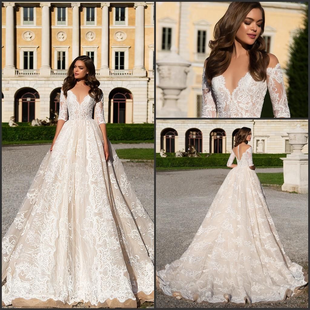 Discount 2019 Retro Vintage Lace Vestido De Novia Half Long Sleeve A Line V Neck With Appliques Angelina Bridal Gowns Robe De Mariage Custom Wedding Gowns With Sleeves Weddingdress From Mengdanya 124 83