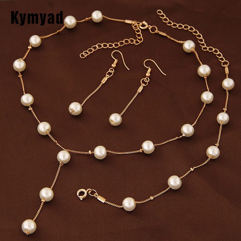 Conjunto de bisutería Kymyad Enlace Cadena Collares de para mujeres Collar Pulsera Pendientes Conjuntos de joyas perlas