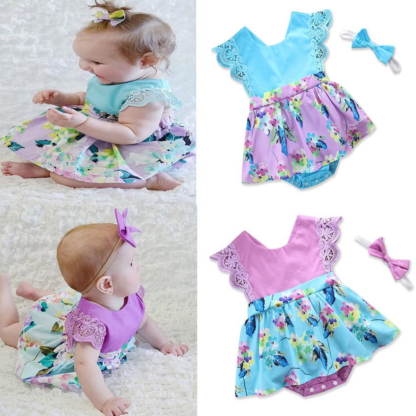 Newborn Baby Girl Ruffle Flower Romper Bodysuit Jumpsuit Headband Clothes Outfit