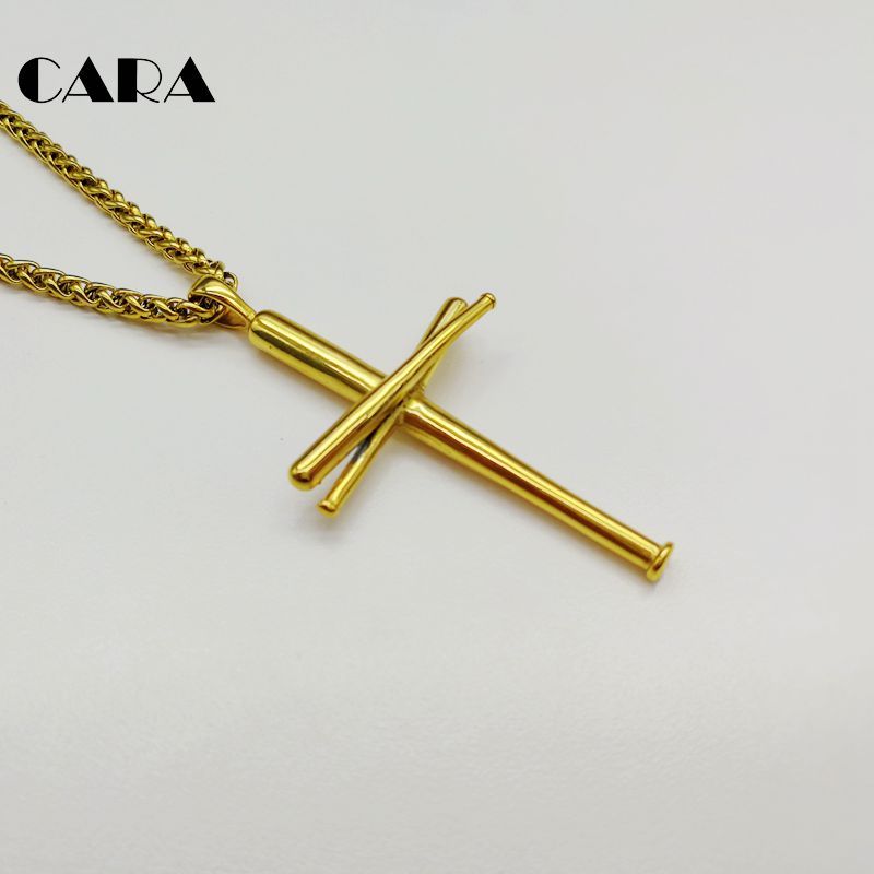 Wholesale Cara Gold Color Baseball Bat Cross Necklace 316l Stainless Steel Cross Necklace Fashion Gym Sport Biker Necklace Gift Cara0440 1 Diamond