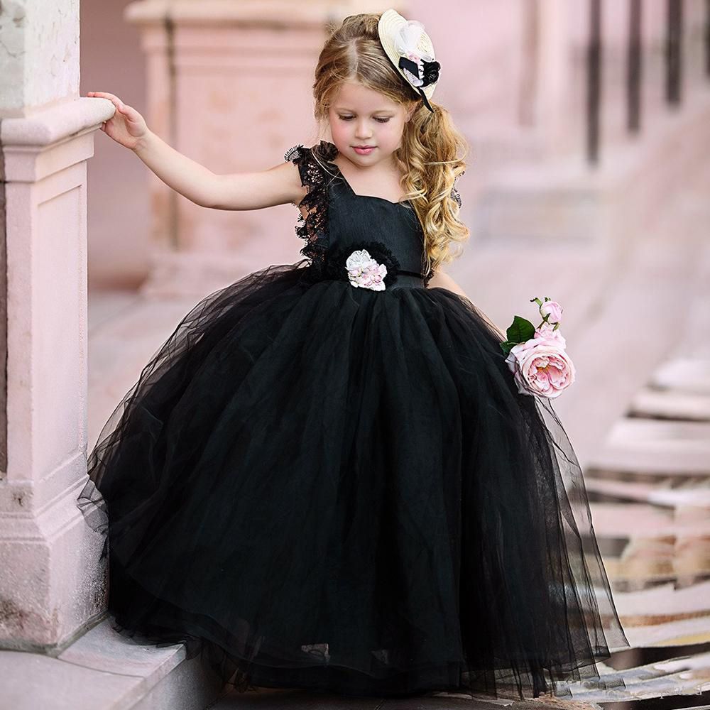 Vestido de fiesta negro Vestidos para niñas de flores Puffy Tulle encaje  gorro mangas 2018 Vestidos