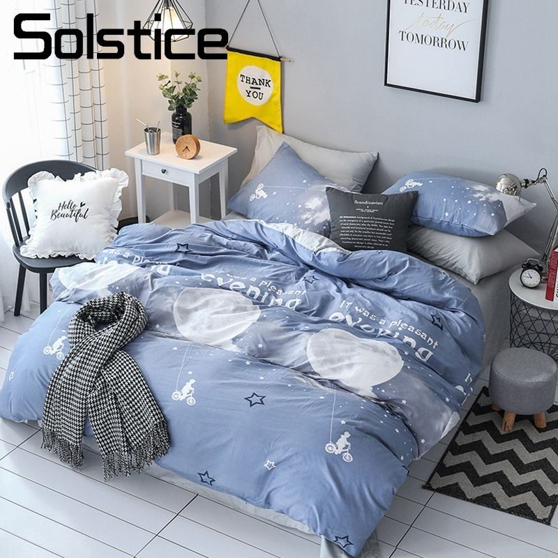 Solstice Home Textile Blue Gray Moon Duvet Cover Pillowcase Bed