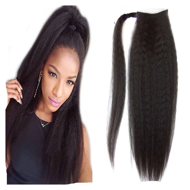 Kinky Straight Ponytail Brazilian Human Hair Drawstring Ponytail Clip In Hair Extensions Natural Color Remy Puff Pony Tail Hairpieces 120g Ponytail