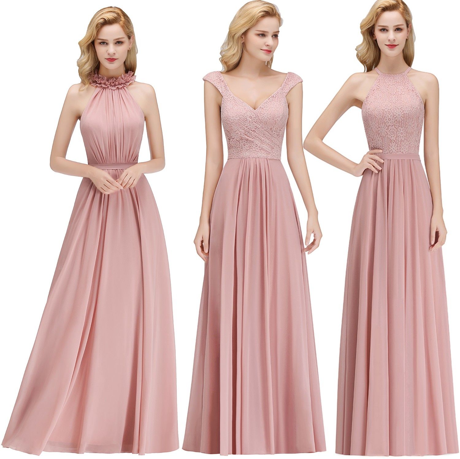 Acheter 2019 Pas Cher Dentelle Mousseline Dusty Rose Robes De Demoiselle Dhonneur Halter Cou Gaine De Plage Robes De Bal Pour Mariage Invité Robe De