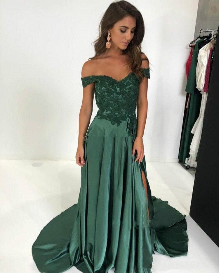green off shoulder prom dress