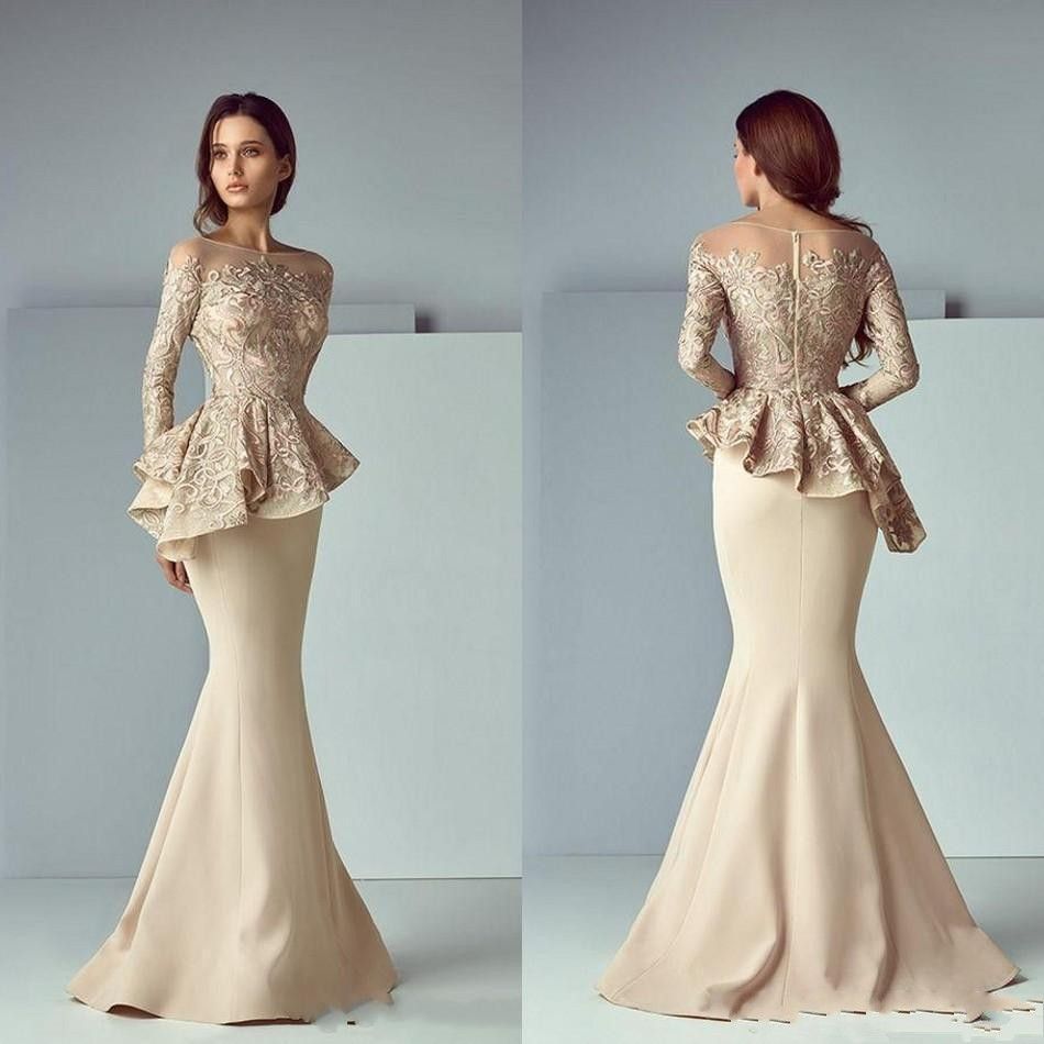 Großhandel Elegante Champagner Spitze Fleck Schößchen Lange Abendkleider 9 Bloßer Ansatz Lange Hülsen Dubai Arabische Nixe Abschlussball Kleid Großhandel Elegante Champagner Spitze Fleck Schößchen Lange Abendkleider 9 Bloßer Ansatz Lange Hülsen Dubai Arabische Nixe Abschlussball Kleid