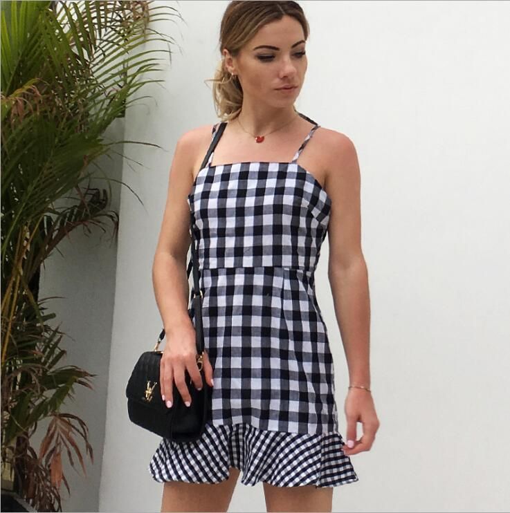 black and white plaid spaghetti strap dress