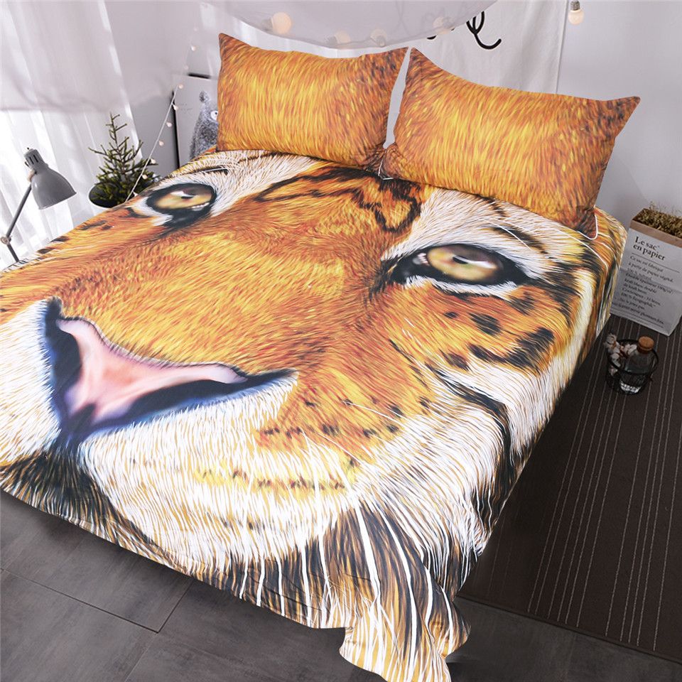 3d Bed Set Brown Tiger Face Drawing Duvet Cover Teens Kids Vivid