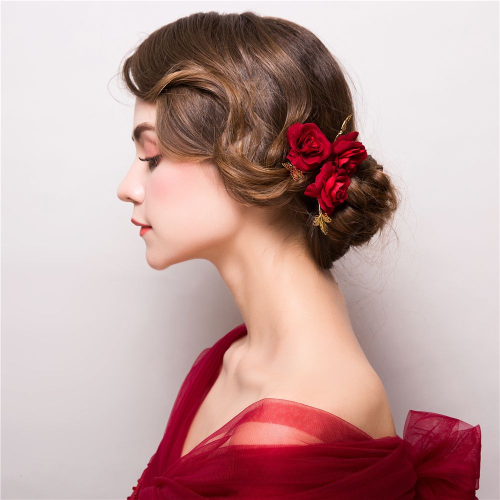 bijou de cheveux mariage Lot de 10 épingles chignons fleur rouge et strass 