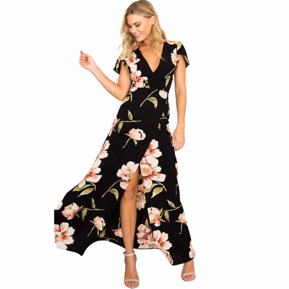 short sleeve floral long dresses