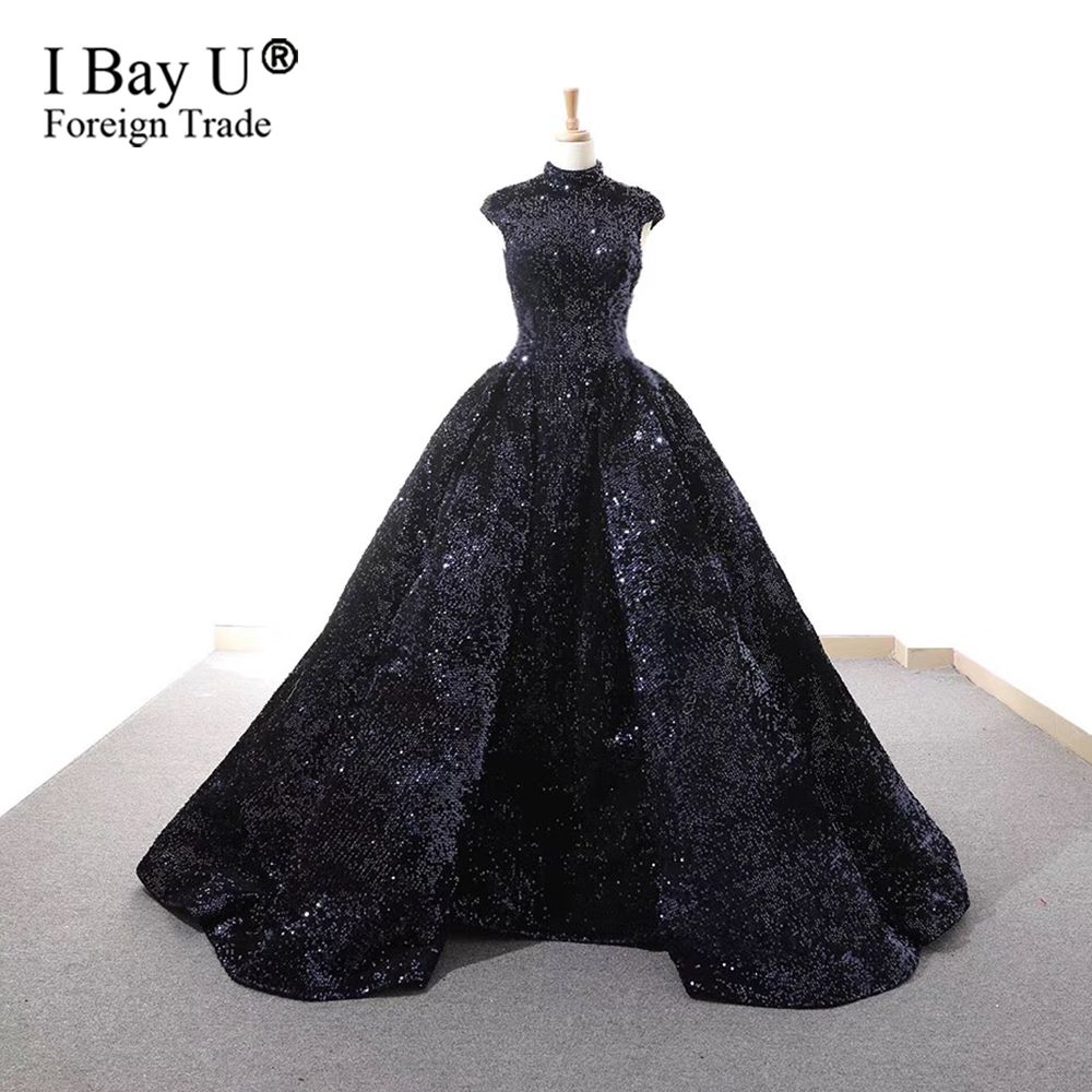 Navy Blue Sleeveless Sequined Sparkle Wedding Dresses High Collar