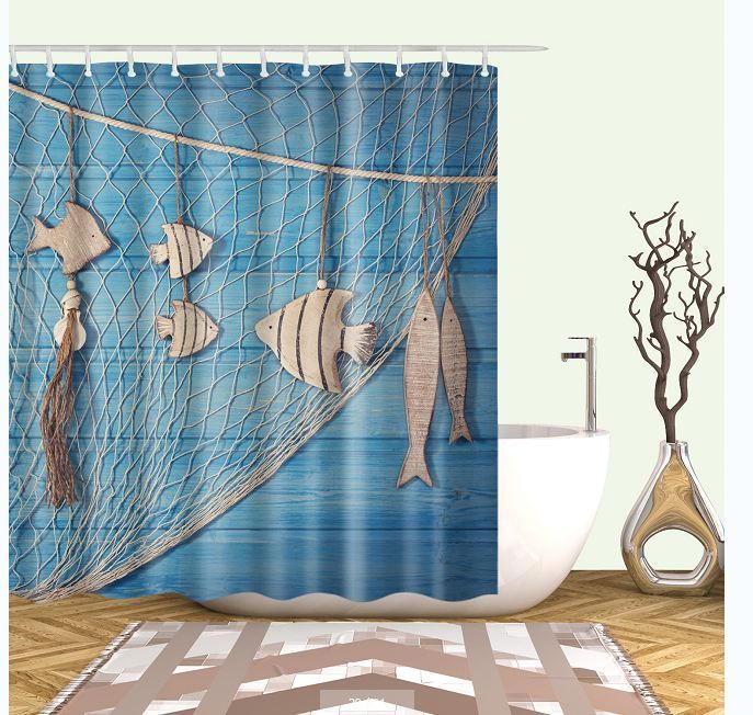 2019 Fishing Nets Fish Watercolor Bathroom Cartoon Shower Curtains