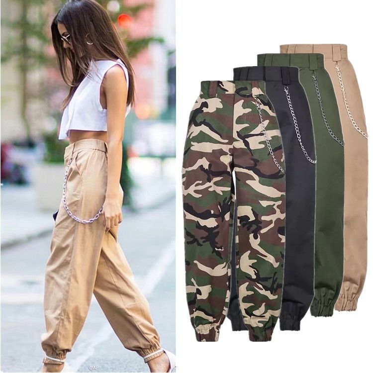 Primavera 2018 Pantalones de camuflaje de las mujeres de carga Pantalones de cintura alta