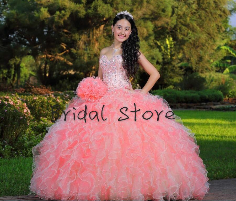 Coral Ball Gown Quinceanera Dresses For Sweet 16 Dresses Sweetheart Ruffles Tiered Organza Crystal Vestidos 15 anos Lace Up Back Prom Dress Coral Ball Gown Quinceanera Dresses For Sweet 16 Dresses Sweetheart Ruffles Tiered Organza Crystal Vestidos 15 anos Lace Up Back Prom Dress