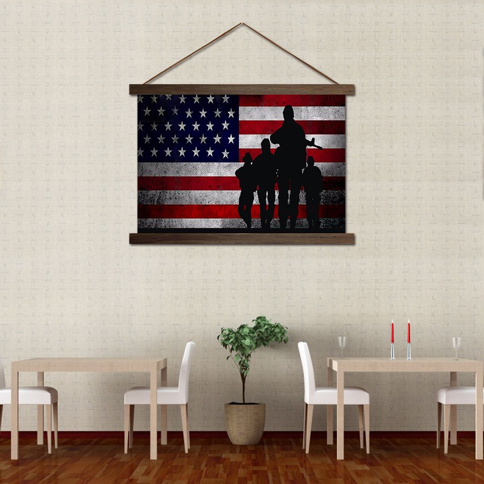 2019 Hd Prints Pictures Living Room Wall American Flag With Soldiers Scroll Paintings Hanging Canvas Waterproof Ink Image Home Decor From