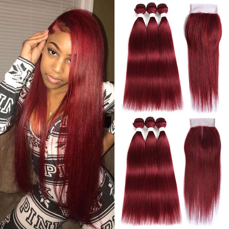 Hot Sale Unprocessed #Burgundy Straight Hair Bundles With Closure Light Red Peruvian Human Hair 3Bundles with Lace Closure 4Pcs Lot Red Hair Hot Sale Unprocessed #Burgundy Straight Hair Bundles With Closure Light Red Peruvian Human Hair 3Bundles with Lace Closure 4Pcs Lot Red Hair